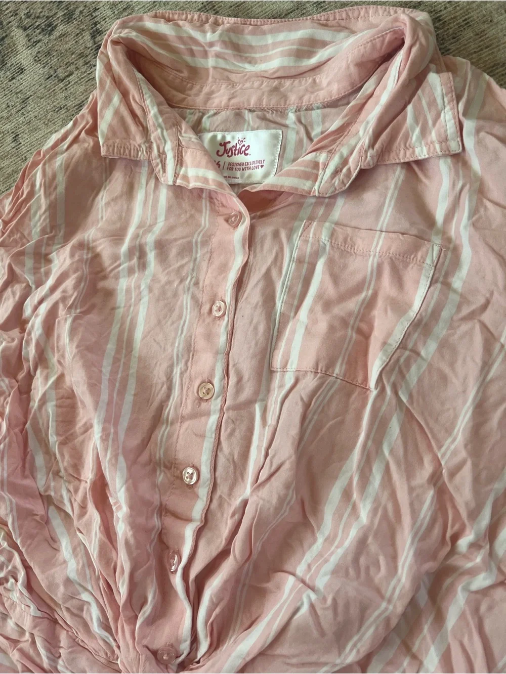 Justice Pink and White Striped Tie-Front Button-Down Shirt